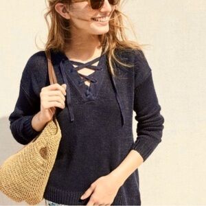 J Crew Linen Lace-up Beach Pullover Sweater in Black